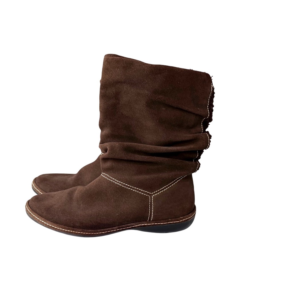 Lands End Brown Suede Slouchy Mid-Calf Boots Faux Fur Lined 393381 Womens 9.5 B